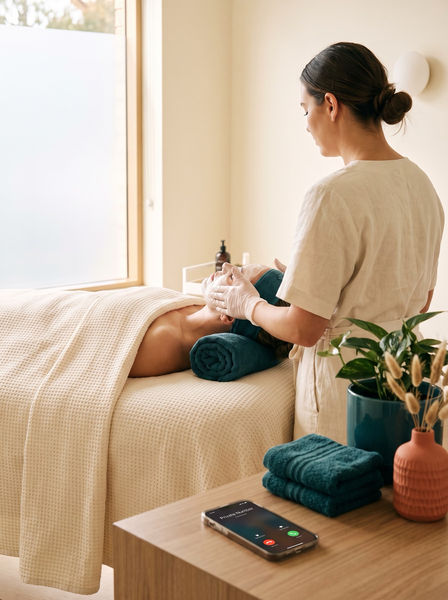 An esthetician mid-facial with both gloved hands full while the spa phone lights up with an incoming call